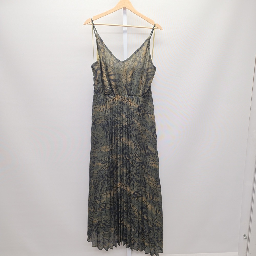Rachel Zoe Green Animal Print Pleated Maxi Dress Large V-Neck Sleeveless Boho